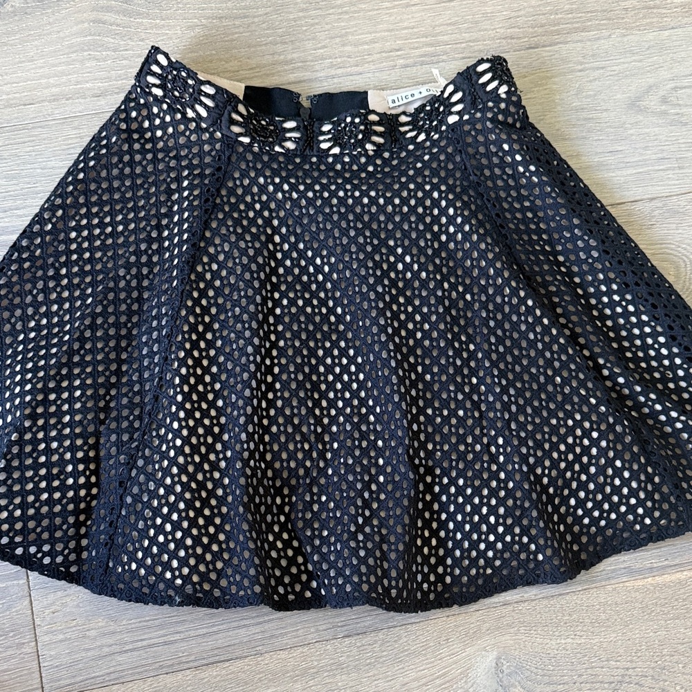 Alice + Olivia Black Eyelet Lace Circle Skirt with Nude Lining